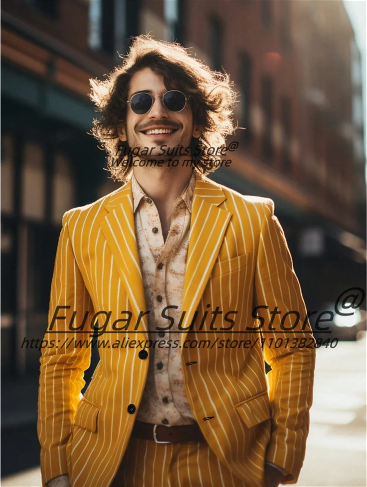 

Yellow Stripe High-end Men Suits Slim Fit Notched Lapel Groom Formal Tuxedos 2 Pieces Sets Classic Male Blazers Costume Homme