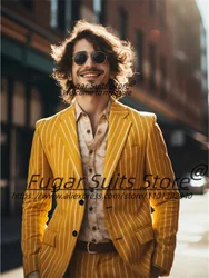 Yellow Stripe High-end Men Suits Slim Fit Notched Lapel Groom Formal Tuxedos 2 Pieces Sets Classic Male Blazers Costume Homme