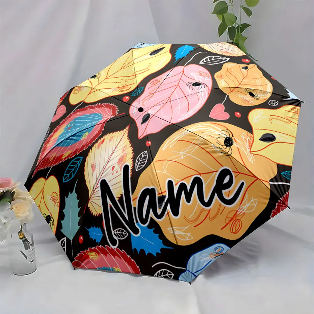 Custom Name Colorful Leaf Pattern Umbrella with Unique Design Print 8 Iron Ribs Folding Umbrella Auto-Open Fashion Sunshade