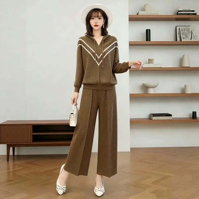 Miyake Pleated 2026 New Spring and Autumn Plus Size V-Neck Striped Loose Top and Draped Wide-Leg Pants Two-Piece Pleated Set