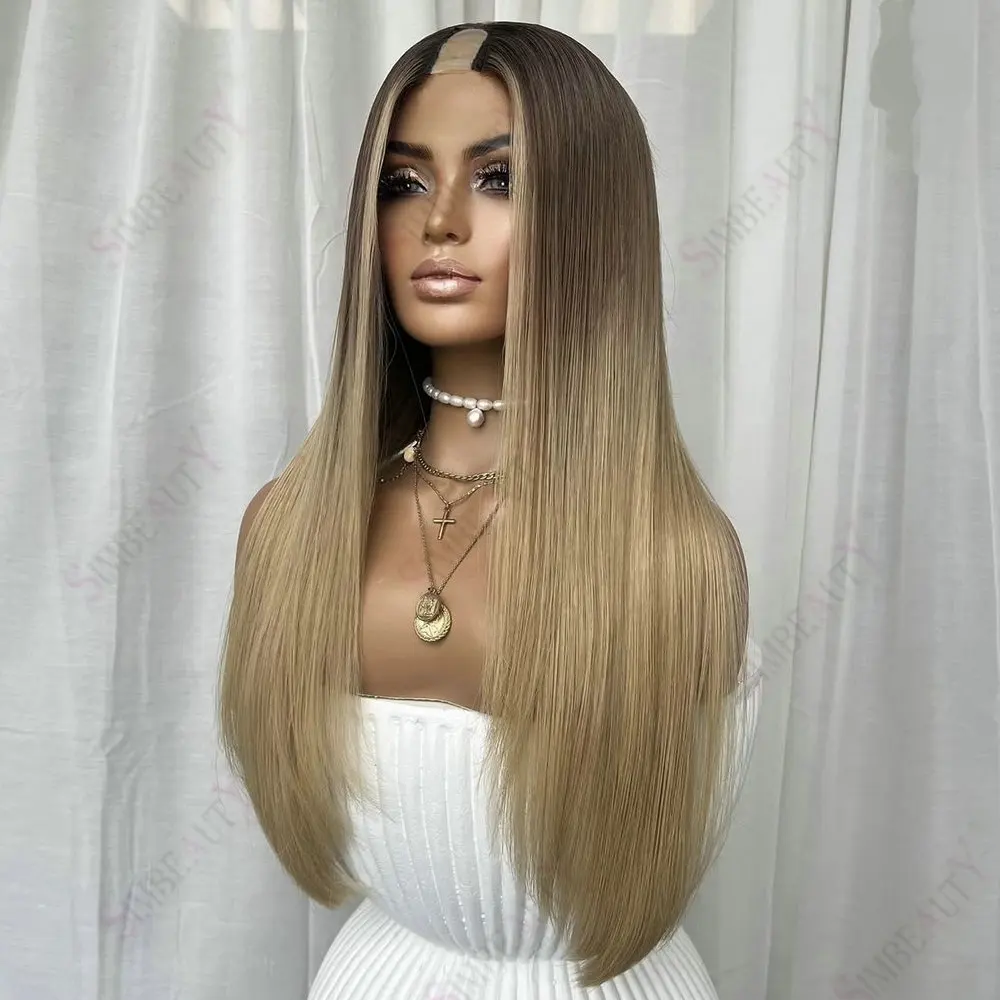 U جزء شعر مستعار شعر الإنسان الطبيعي مستقيم الجذر الداكن شقراء أومبير للنساء سهلة ارتداء 1*4 فولت جزء شعر مستعار كامل آلة صنع الشعر الهندي