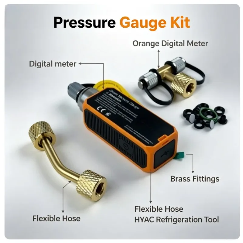 Mini Bluetooth Vacuum Gauge Digital Display High Precision Refrigeration HVAC Tool With Tee Valve Adapter Kit Rechargeable