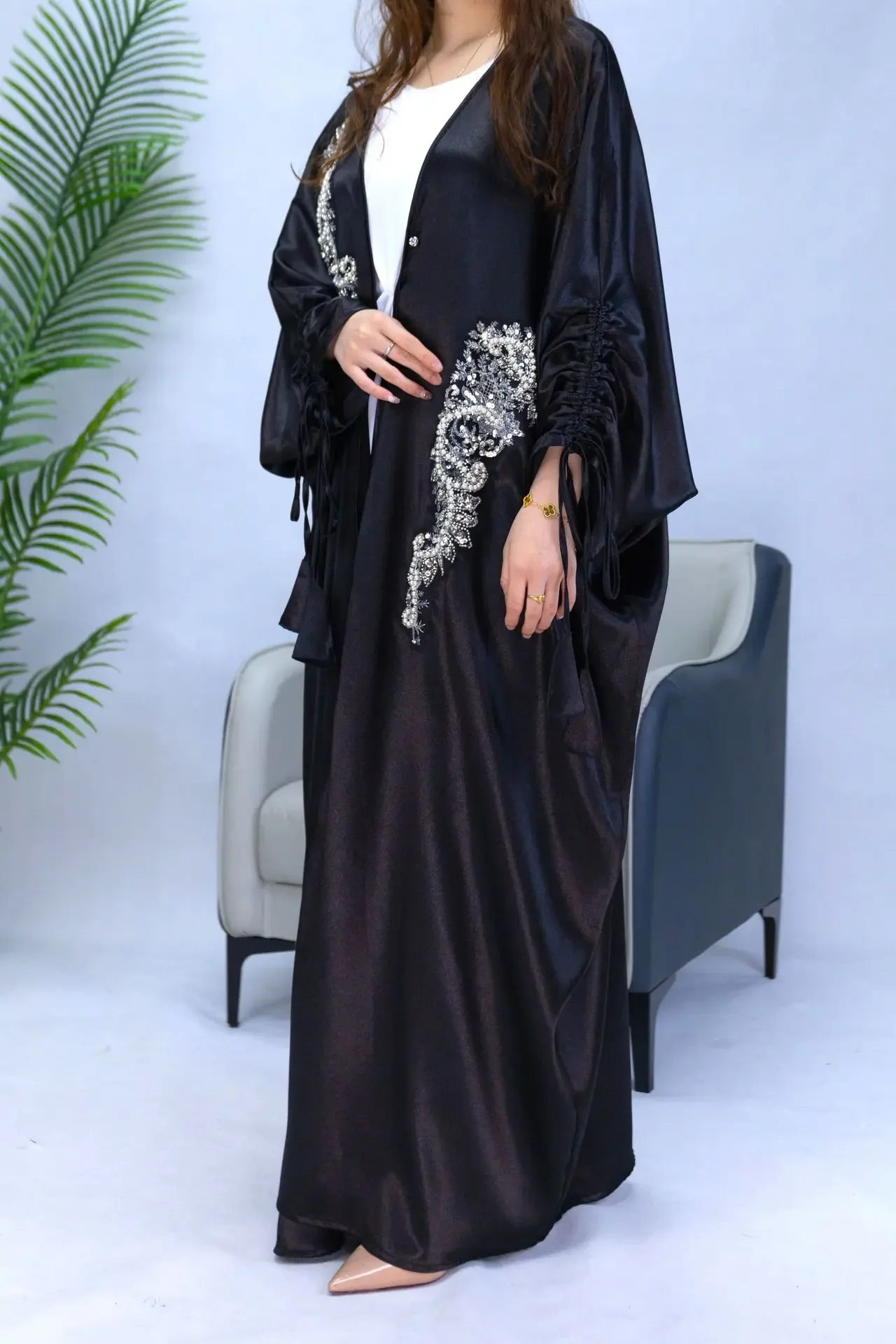 Elegant Satin Abayas for Women Dubai Kimono Cardigan Muslim Dress Eid Ramadan Jalabiya Turkish Kaftan Islamic Clothing Robe Gown