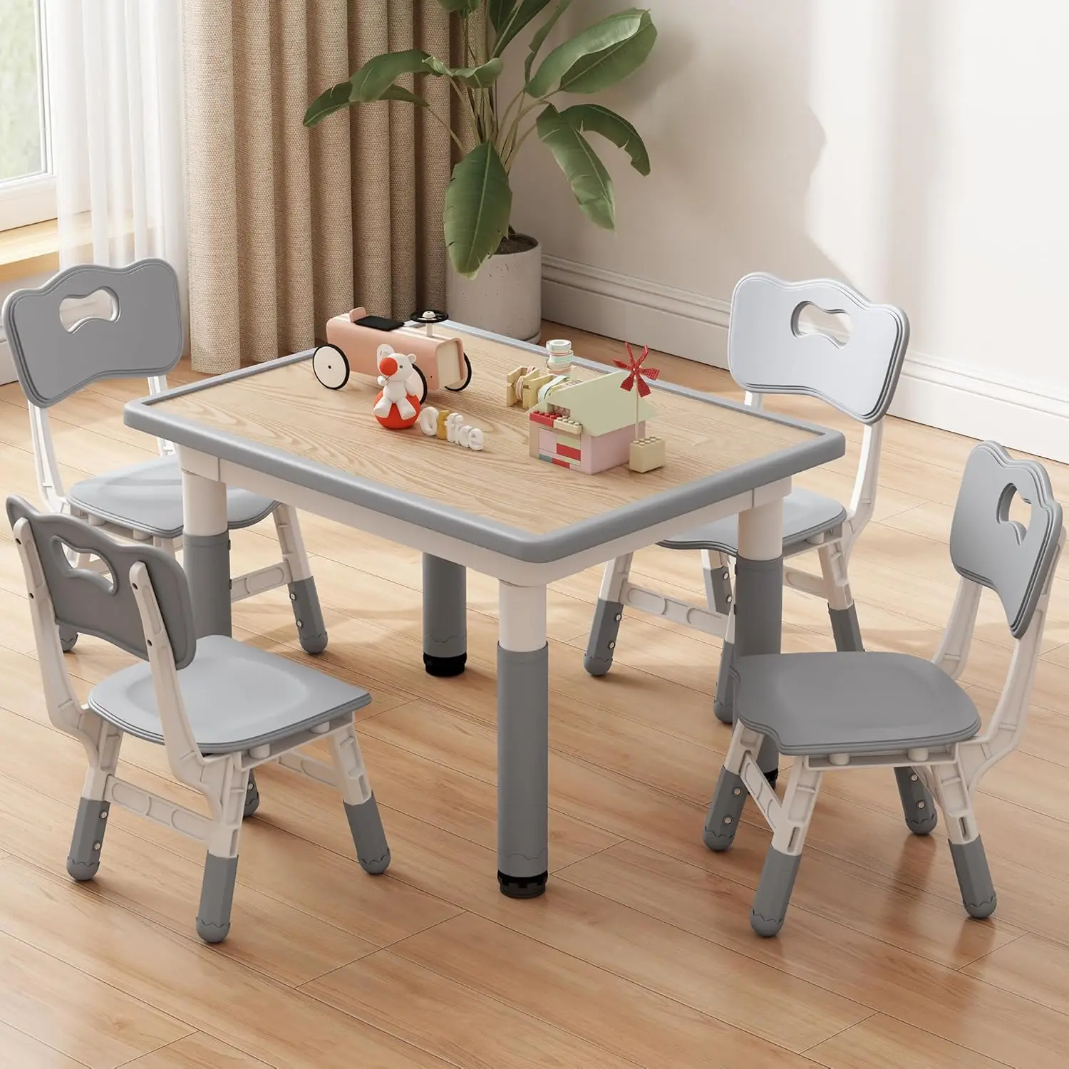 

Kids Table and Set, Height Adjustable Toddler Table and Chair Set for Ages 2-10, 31.5''L x 23.6''W Graffiti Table with 4