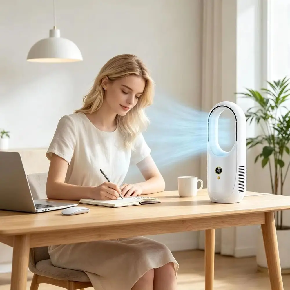 6 Speed Portable Air Cooler Silent Timer Compact Lightweight USB Fan Bladeless Design Adjustable Wind Speeds for 5V/1A 2000mah