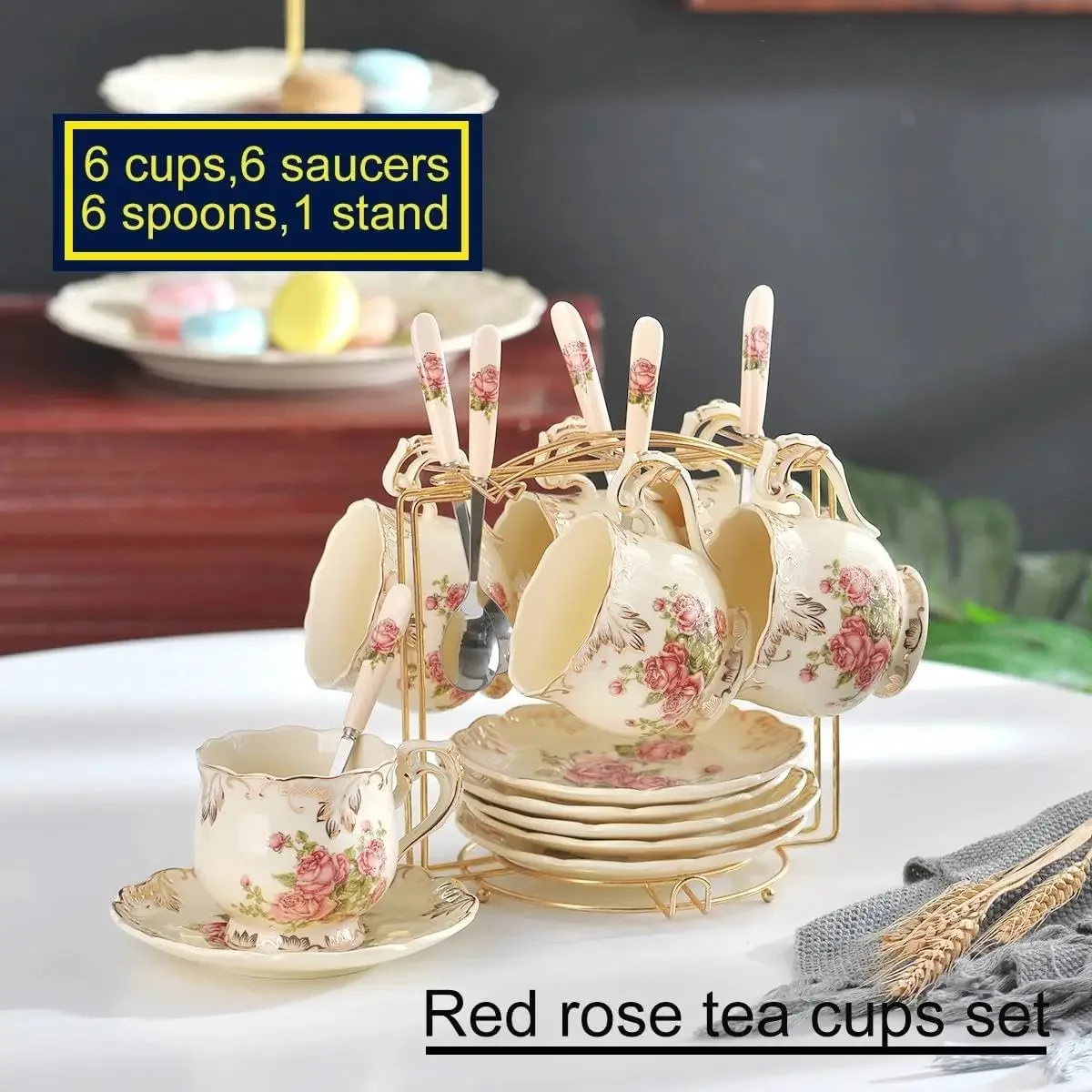 Ceramic Tea Cups and Saucers Set of 6, 200 ML Vintage Pink Rose Ivory Porcelain Coffee Cups Set with Gold Stand