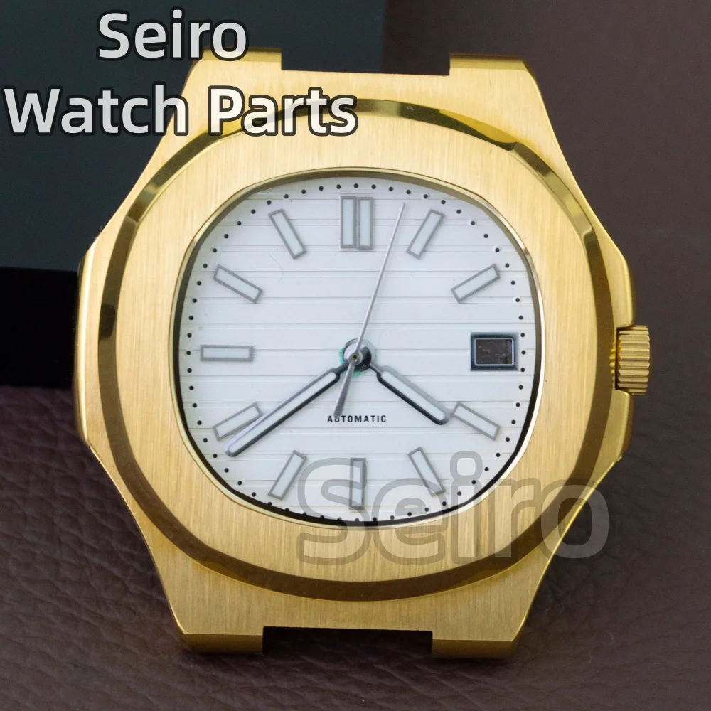 ตัวเรือนนาฬิกาเคลือบทอง PVD ขนาด 41 มม. สายนาฬิกาสแตนเลส กระจกแซฟไฟร์ สำหรับดัดแปลงนาฬิกา Seiko รุ่น Nautilus ใช้กับกลไก NH35/NH36/38 หน้าปัด 30.5 มม. กันน้ำ