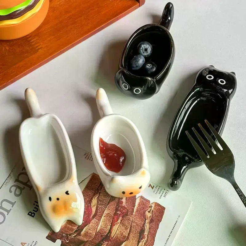 Ceramic Cat-Shaped Mini Dipping Plate Side Dish Small Bowl Home Diningware Kitchen Table Decorative Cat Bowl