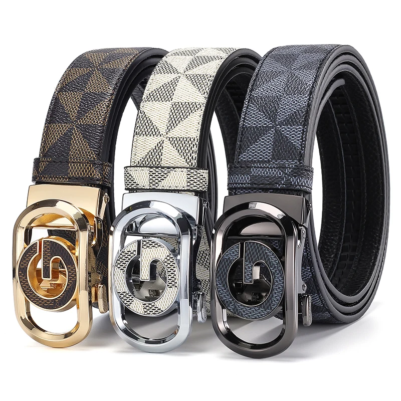 

Triangle Print Men Belt Luxury Alloy Automatic Buckle Belt Casual Business Waist Strap for Jeans Pants Trousers