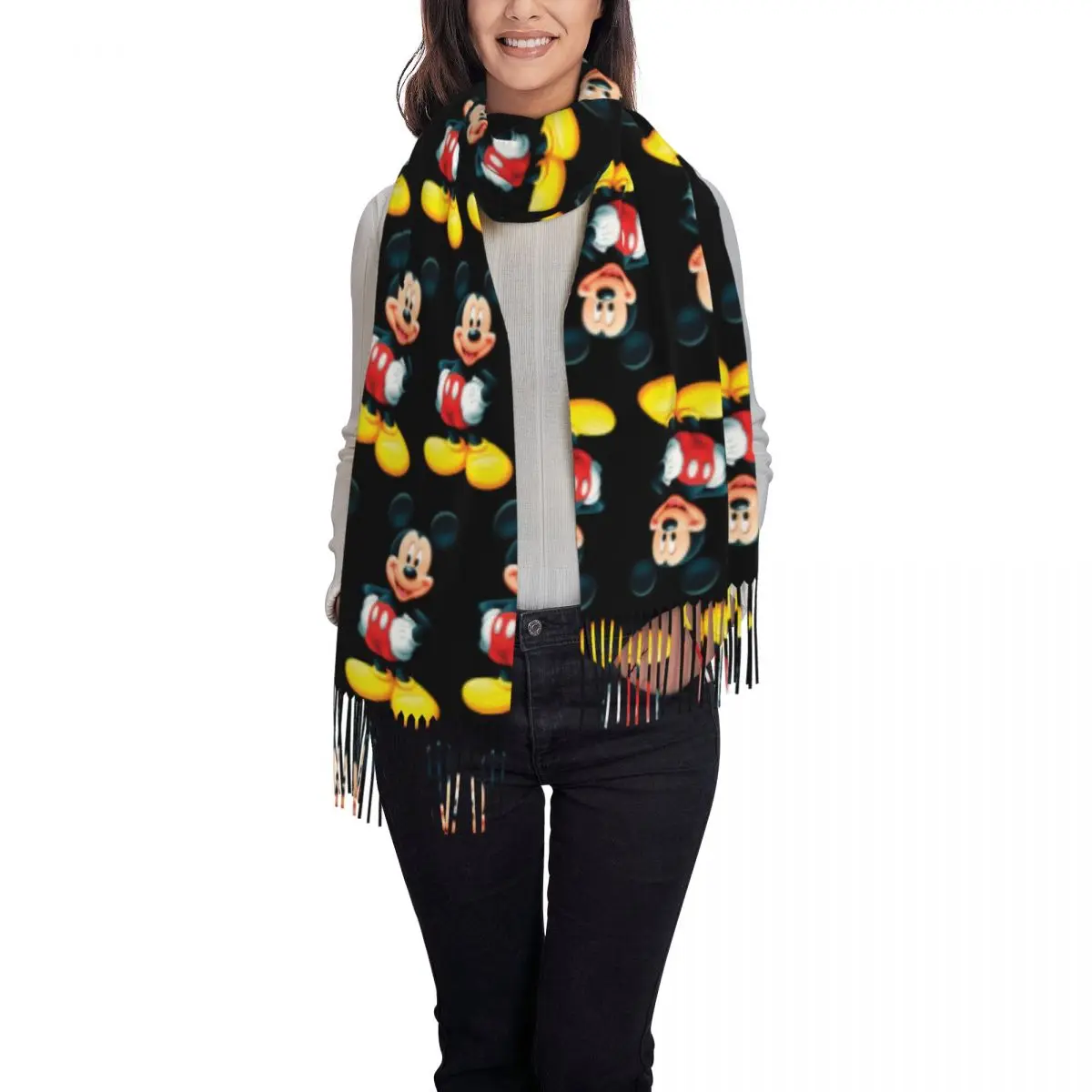 Custom Female Large Disney Mickey Mouse Minnie Scarves Women Winter Soft Warm Tassel Shawl Wraps Cartoon Scarf