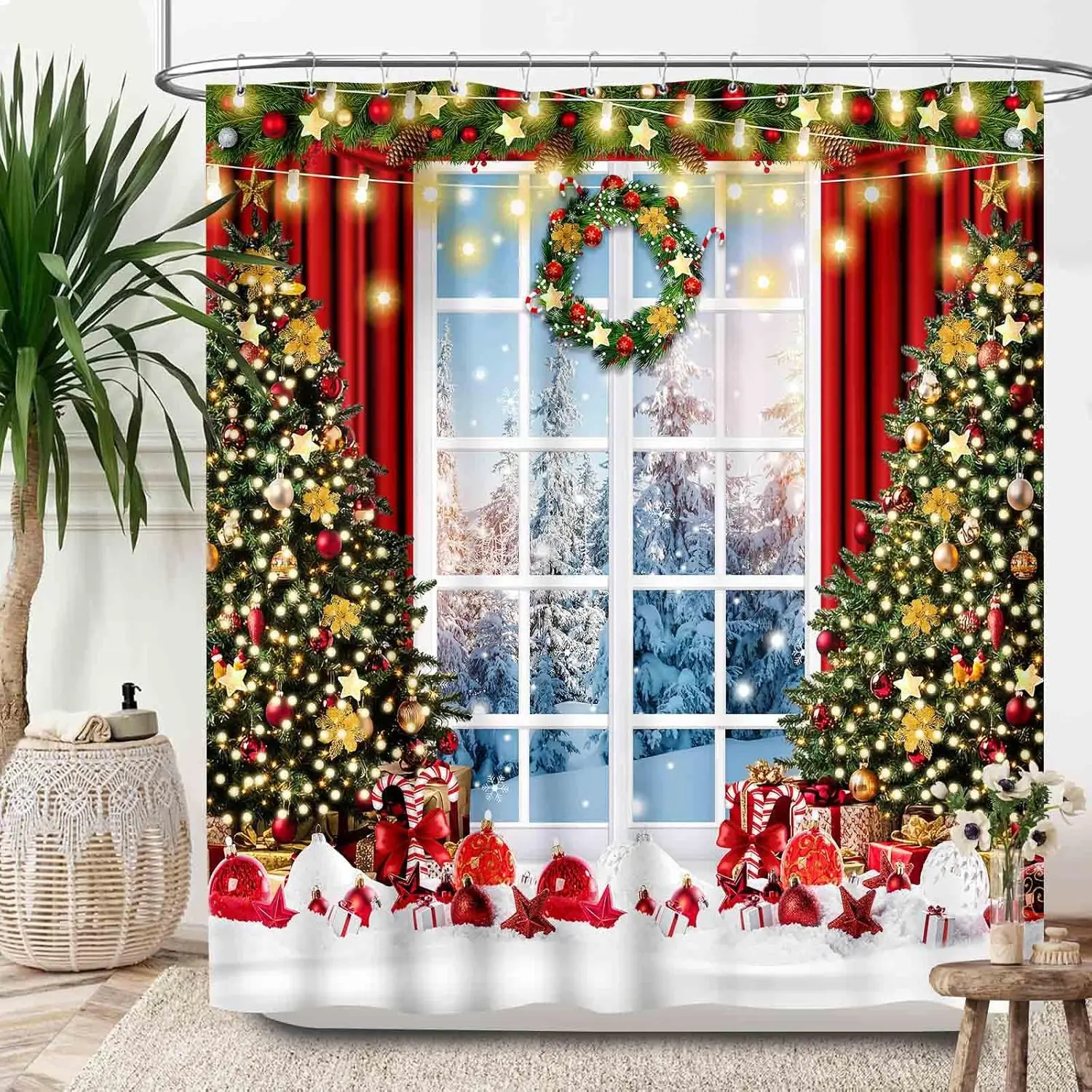 

Красные рождественские занавески для душа, зимние снежинки, рождественские зеленые сосны, ветки снежной сцены, с Новым годом, водонепроницаемая ткань