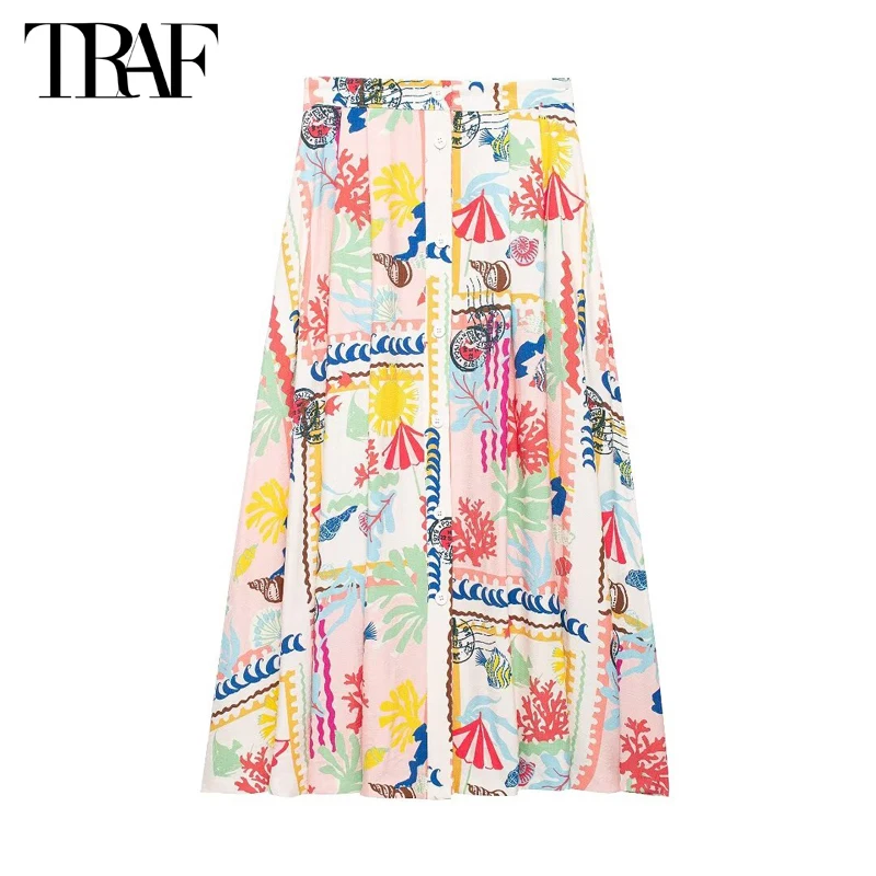 TRAF Print Pleated Midi Skirt Women High Waist Long Skirt Woman Summer Button Boho Skirts for Women Holiday Beach Women\'s Skirts