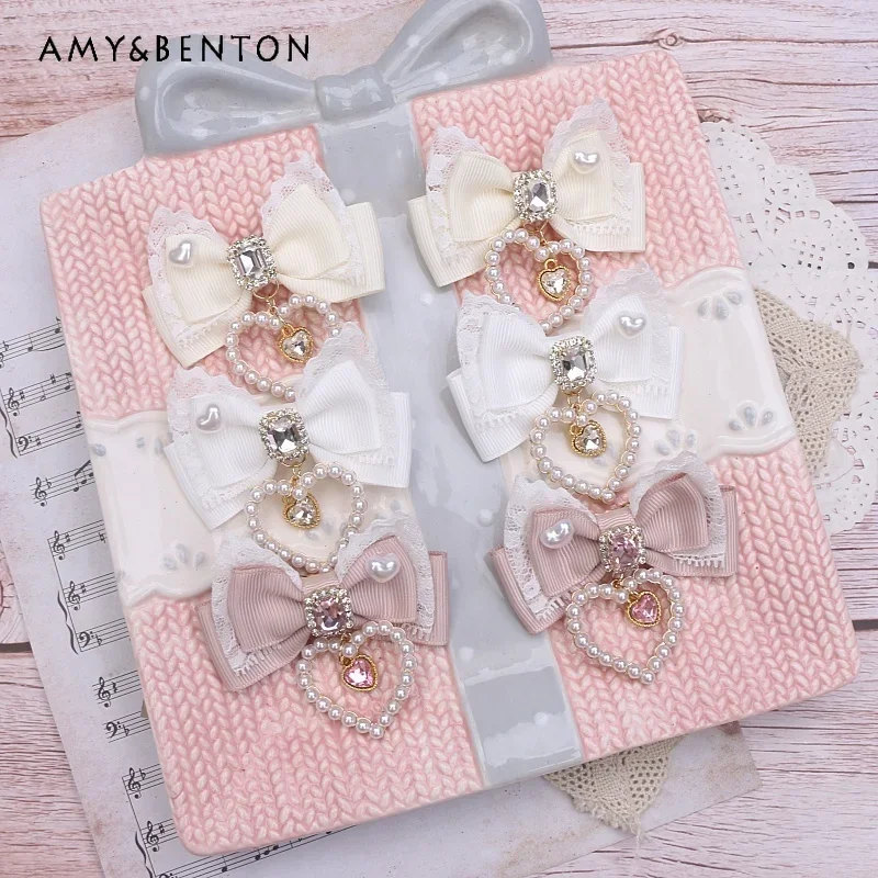 Japanese Mine Mass-Produced Cute Bow Hair Clips Sweet Lace Stitching Pearl Heart Pendant Hair Bows Lolita Girl Hair Accessories