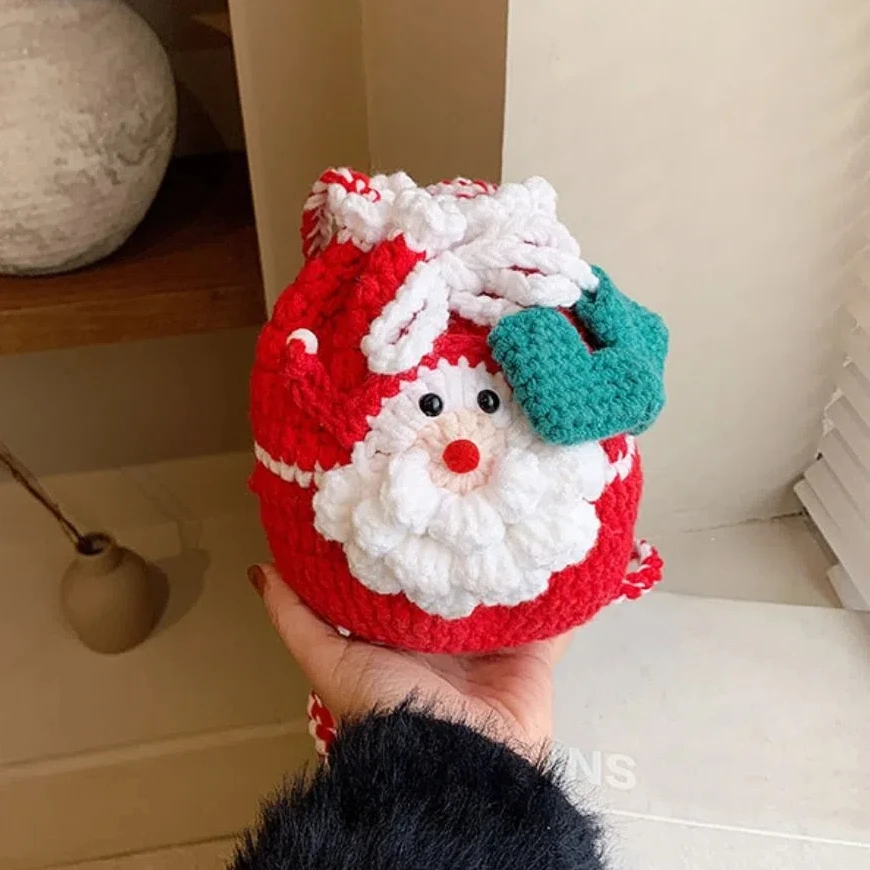 

Bow Xmas Candy Bag Santa Claus Woven Father Christmas Bag Cross Body Kriss Kringle Knitting Drawstring Bag Christmas Gift