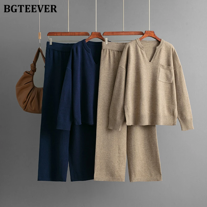 BGTEEVER Ladies Knitted Two Pieces Set V-neck Pocket Sweaters & H Wide Leg Trousers Autumn Winter Warm Pants Suits