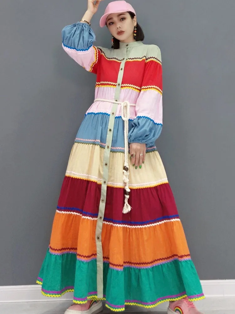 

Fashion Spring Autumn Women Rainbow Cake Dress 2024 Stitching Color Striped Dress With Sashes Casual Women Long Dress QYF6457