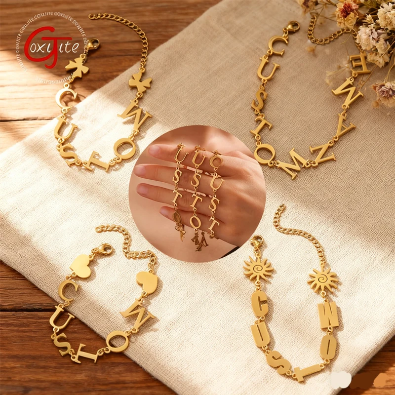 Goxijite Customized Letter Name Love Cross Multi-Style Bracelet Stainless Steel Personalized Big Letter Bracelets Women Gifts