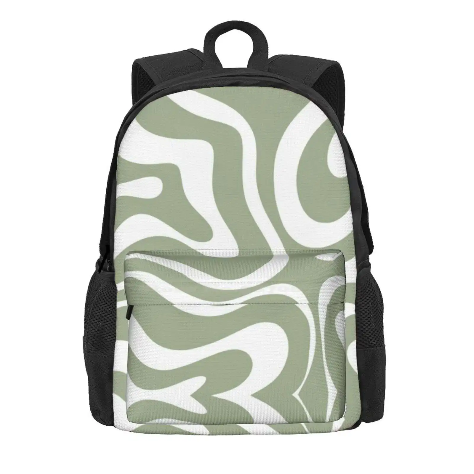 Liquid Swirl Abstract Pattern In Sage Green And White Hot Sale Schoolbag Backpack Fashion Bags Abstract Pattern Minimalist