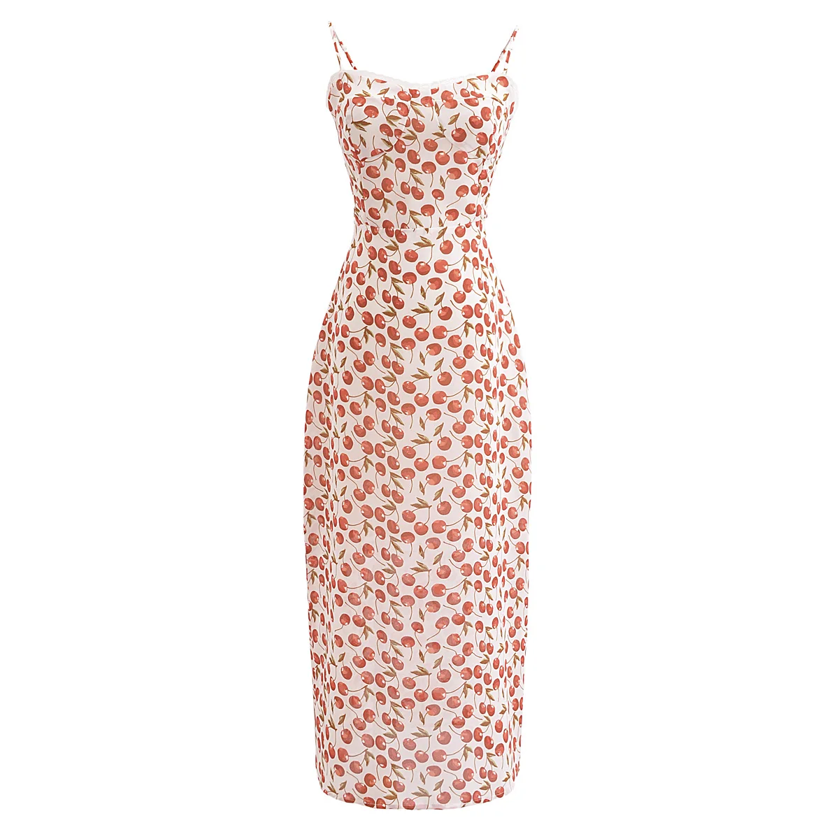 strapless open back dress Plus Size] White 1940s Cherry Print Slit Maxi Dress main image 1