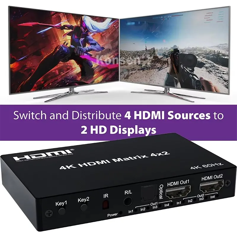 4K HDMI True Matrix Switch 2x4 4x2 2x2 Matrix HDMI Video Switcher Splitter 2 In 4 out with Optical & R/L Audio Extractor HDCP2.2