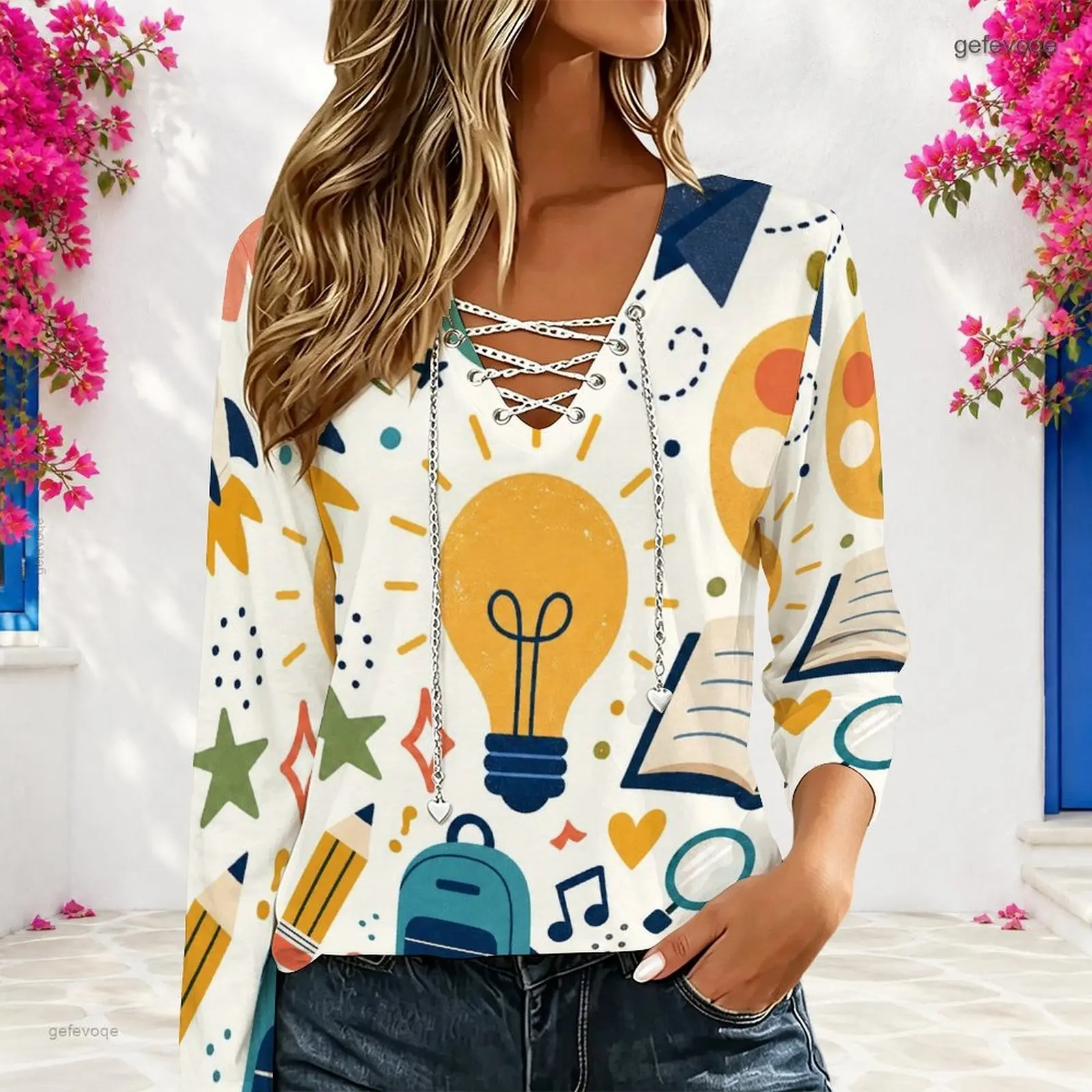 Women V Neck Long Sleeve Top Metal Chain Criss Cross Lace Up Cutout Loose Casual Blouse Custom Print Ladies Western Style Tee - view 2