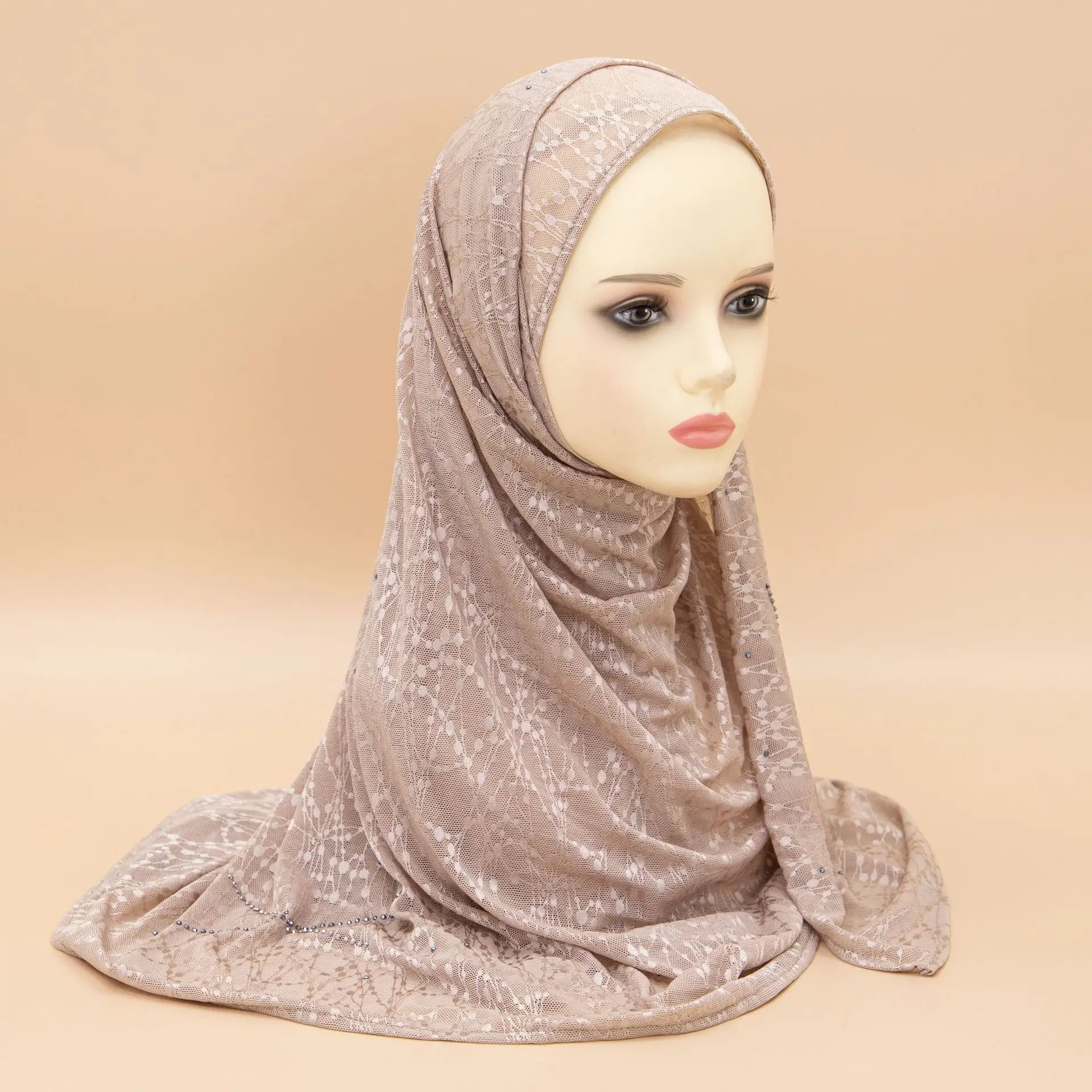 Long Hijab Scarf for Muslim Women Shawl Turban Plain Soft Headscarf Splice Chiffon Handmade Diamond Decoration Ethnic Head Wraps