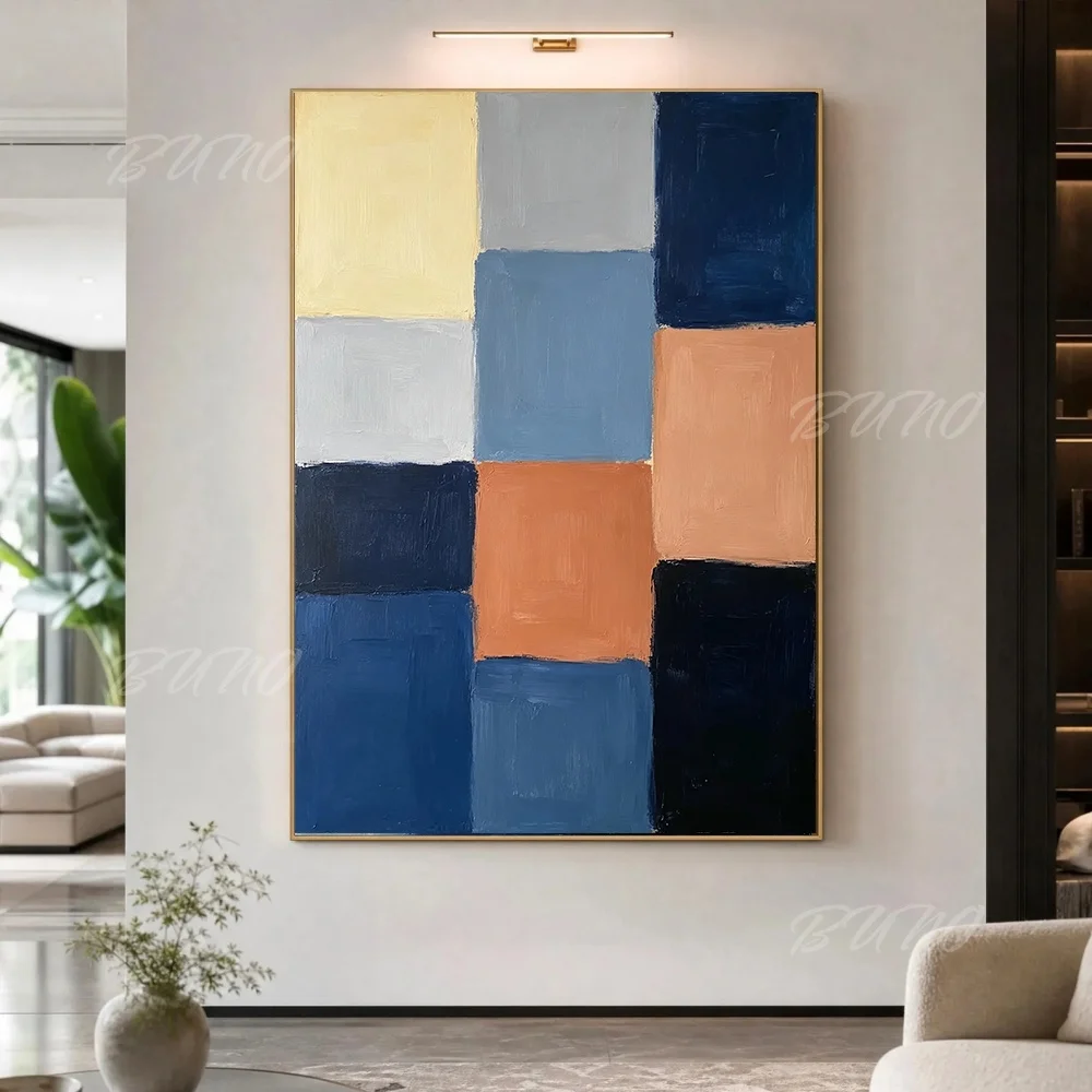 100% Handmade Abstract Oil Painting Original Blue Orange Geometric Color Block Wall Art For Home Living Room Bedroom Decor