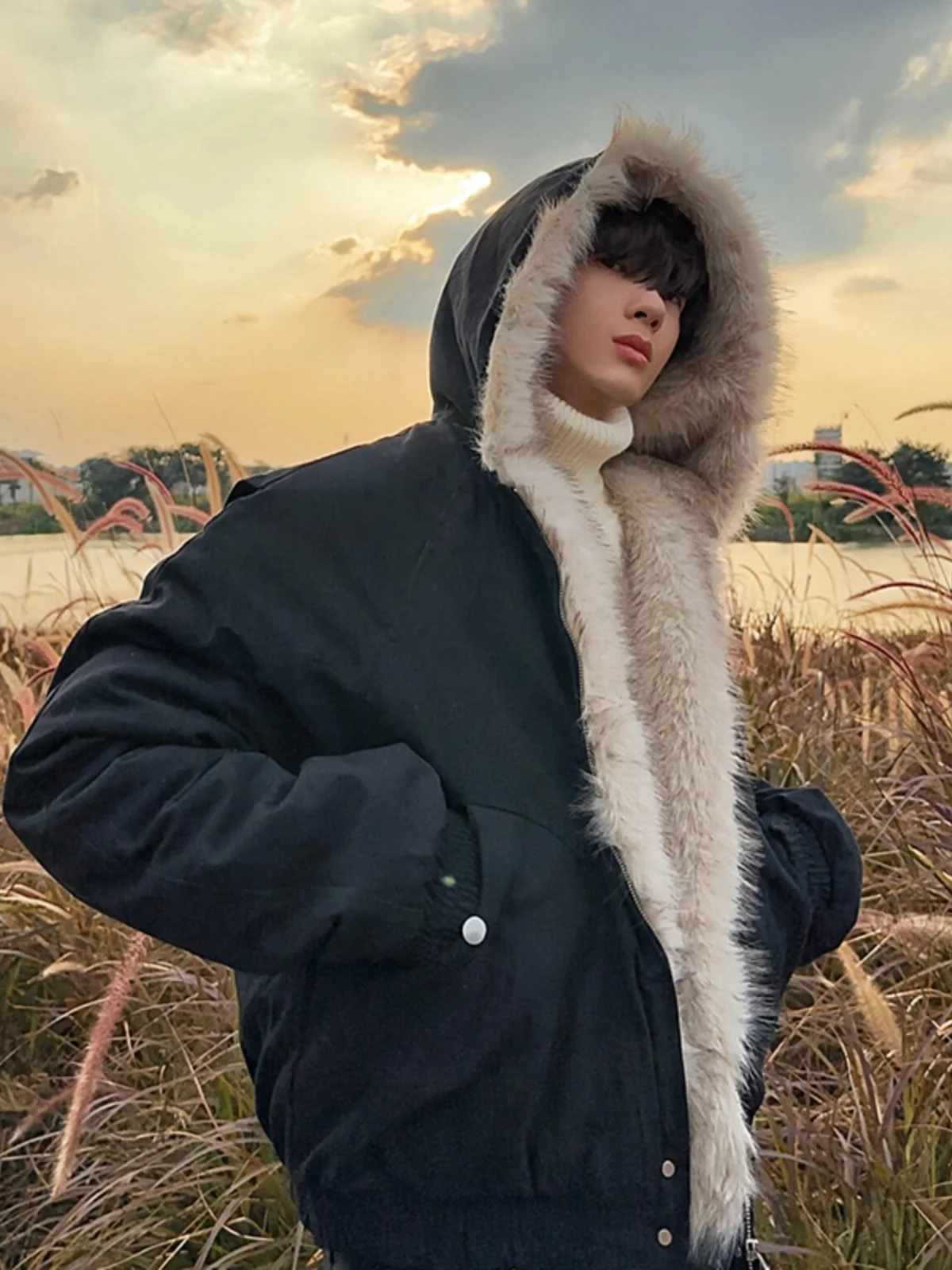 

Bla ort Hooded Fce Lined Cotton Jaet Men's Winter Warm Coat Deconstructed Silhouette Fur Collar Casual Outerwear