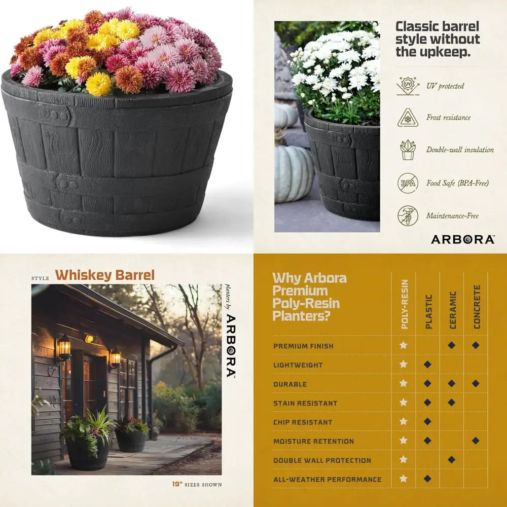 

Whiskey Barrel-Inspired Polyresin Planter, 16 Gallons, Indoor/Outdoor Use, Textured Wood Finish, Durable and Lightweight, Weathe