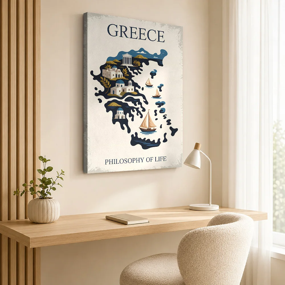 Greece Philosophy Travel Map Wood Framed Canvas Poster Customized Photo Vintage Pictorial Cartography Wall Art For Home Office