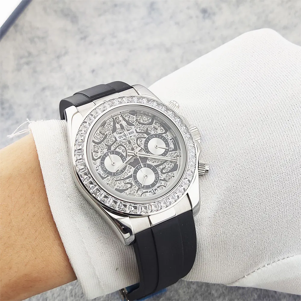 39.5mm luxury men's watch VK63 movement chronograph tiger pattern full diamond dial diamond bezel men's custom watch