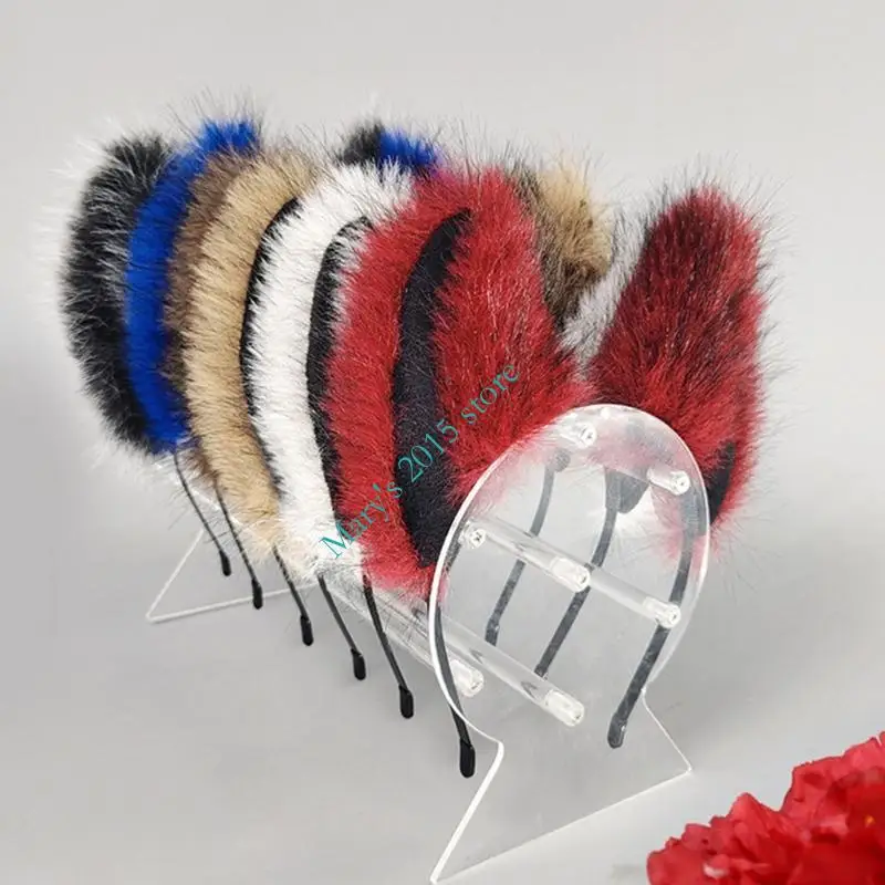 E15F Cats Foxes Faux Furs Ears Headband Halloween Fancy Dress Cosplay Costume Handmade Furry Animal Ears Hair Hoop Kid Adult