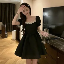 French Bubble Sleeved A-line Skirt For Womens Clothing 2024 Summer New Bow Short Sleeved Dress Female Square Neck Dresses