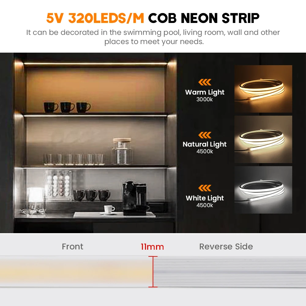 Neonowy pasek USB COB DC5V 320LEDs/M elastyczne światło dioda LED taśma wstążkowa IP20 IP67 wodoodporne zimne/naturalne/ciepłe białe podświetlenie TV