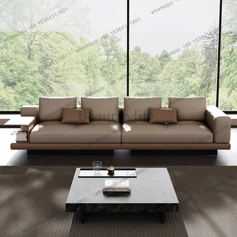 LSLeather Sofa Villa Large Flat High-end Living Room Light Luxury Four-person Straight Row Suspended Sectional Cream Style Sofa