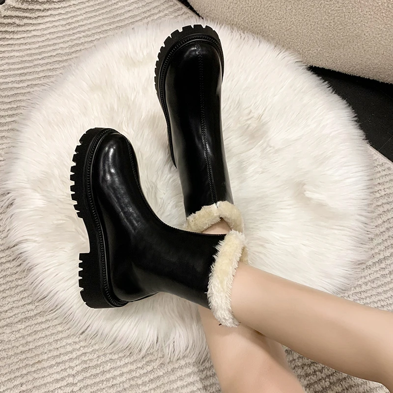 Shoes for Women 2023 New Slip on Women's Boots Winter Plush Warm Round Toe Solid Comfortable Mid Heel Water Proof Shoes Women