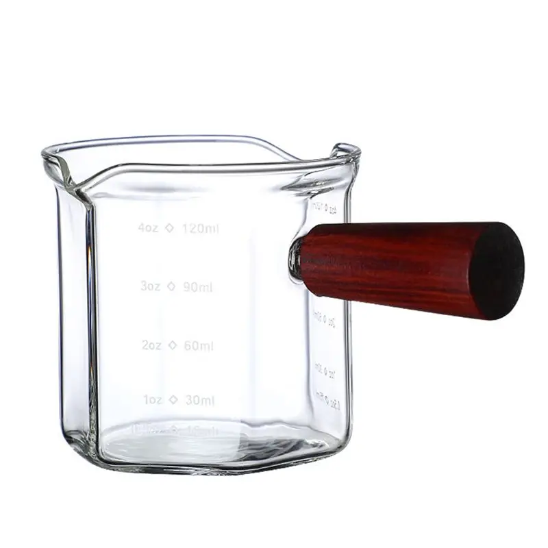 ABZT Wood Handle Glass Espresso Measuring Cup Double Mouth Milk Jug Coffee Supplies Clear Kitchen Measure Mug 120Ml