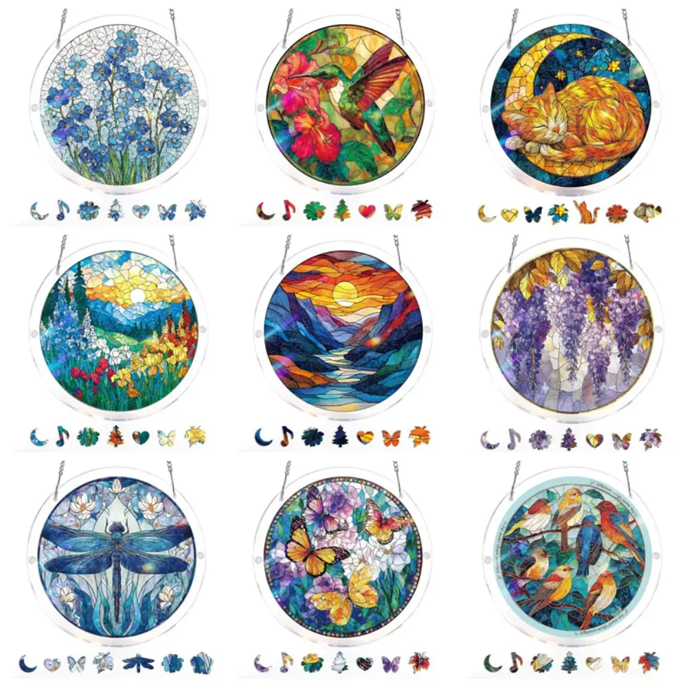 83 Pieces Acrylic Puzzle Suncatcher Round Shape High-Transparency Acrylic Window Hanging Decor Easy Assembly Metal Chain