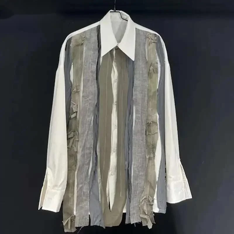 Men's Linen Shirts Fashion Summer Twisted Splicing Design Long Sleeved Sun Protection Coat Vintage Creativity Tops AJY8