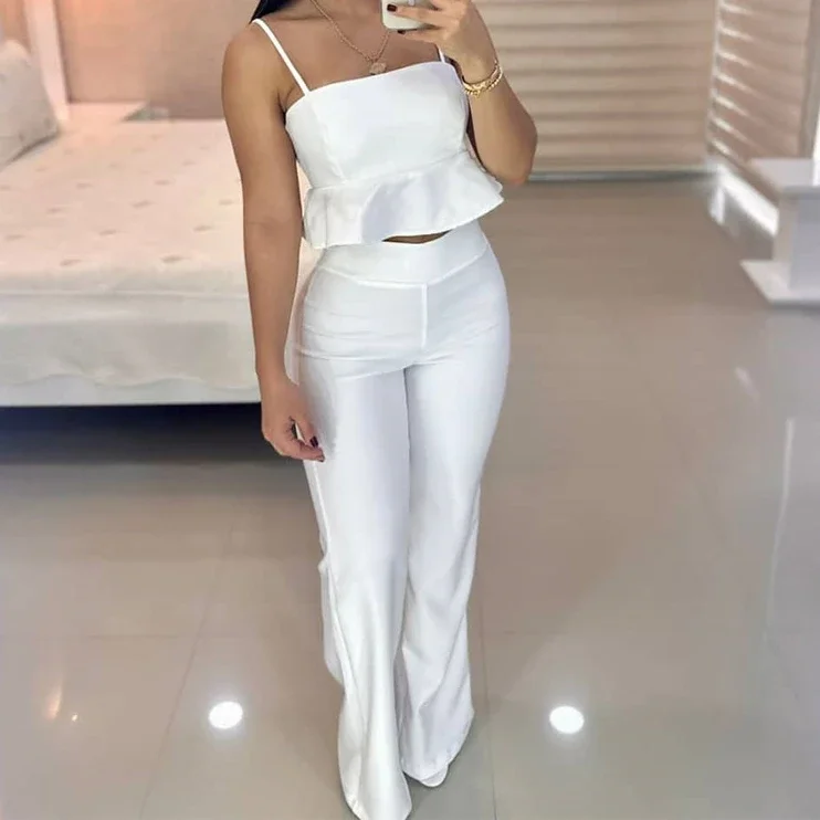 

Ruffles Crop Tank Top & Wide Leg Pants Set Tracksuit Set Dashiki African Spring Summer Top Pants Set Party Suit Matching Sets