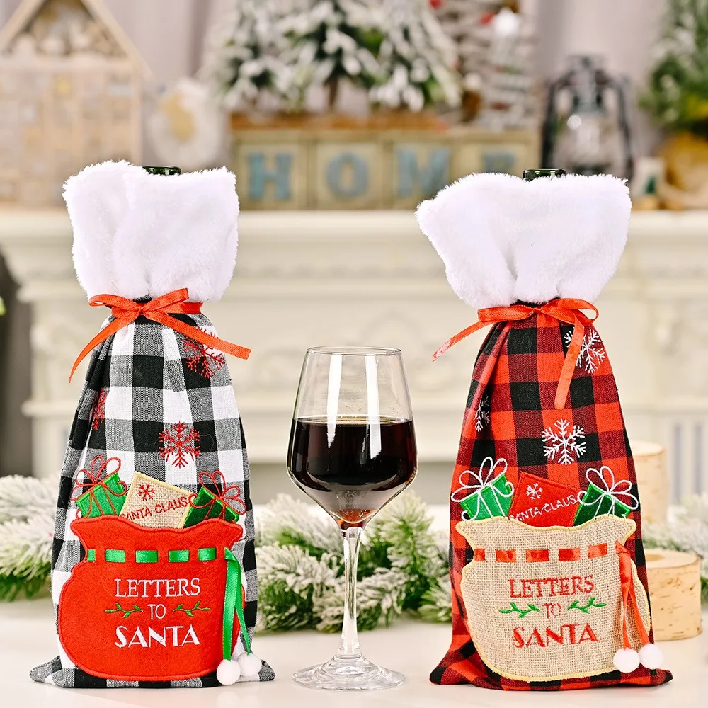 Reusable Christmas Wine Bottle Cover Champagne Bottle Cover Exquisite Creative Wine Bottle Set with Embroidered Black Plaid