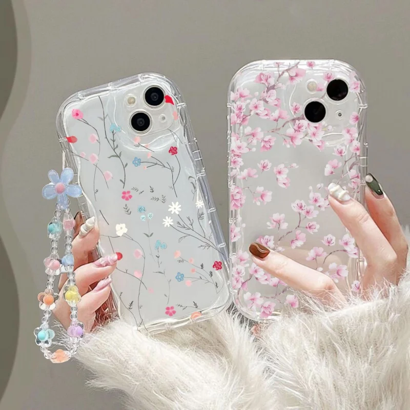 3D Elegant Flower Pearl Chain Case For Samsung Galaxy S22 S23 S21 Ultra Plus S20 FE A24 A14 A34 A35 A05 A05S A53 A33 A52 A32