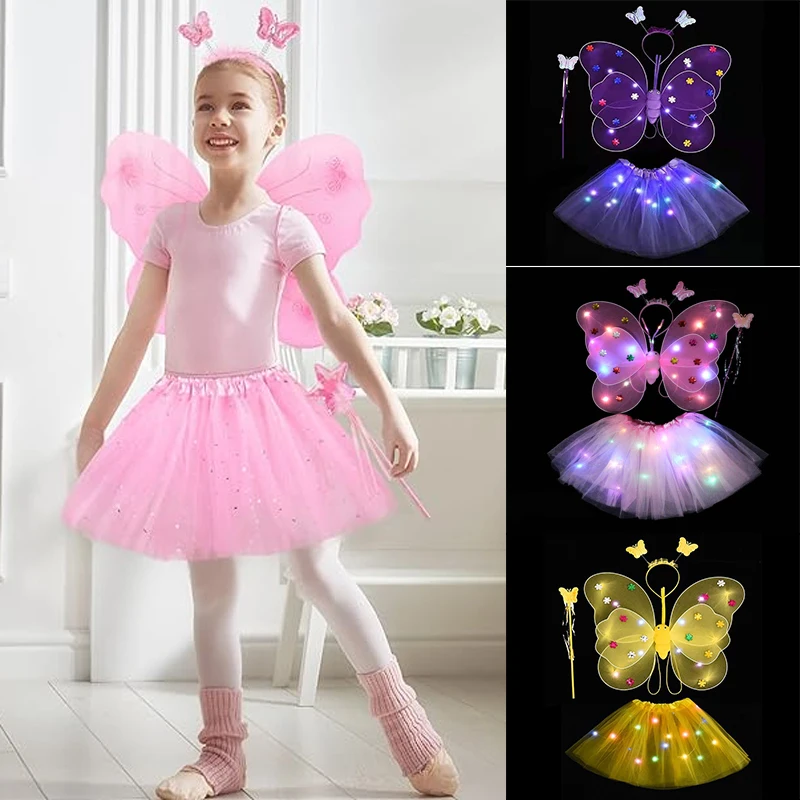 Ala de Hada luminosa para niños de 2 a 8 años, fiesta de cumpleaños, disfraz de baile para niña de Navidad, disfraz colorido de princesa mariposa, elfo brillante