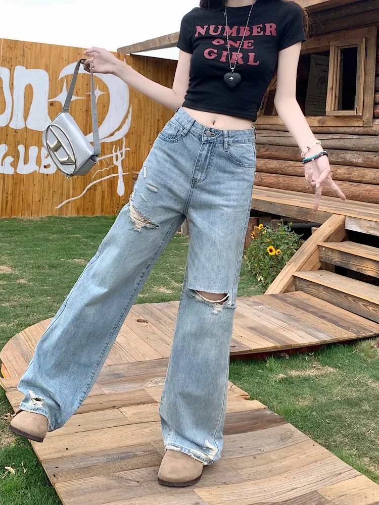 하이웨이스트 드레이프 홀 데님 진 여성용 가을 디자인 페어 바디 슬림 와이드 레그 팬츠 캐주얼 슬레 워터 웨이드