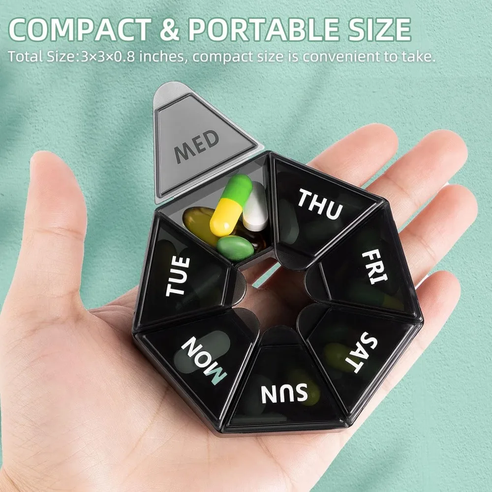 Portable 7 Day Weekly Pill Organizer, Octagonal Travel Pill Box, Daily Medicine Container for Vitamins, Capsules, Supplements, 1 Pack,Black
