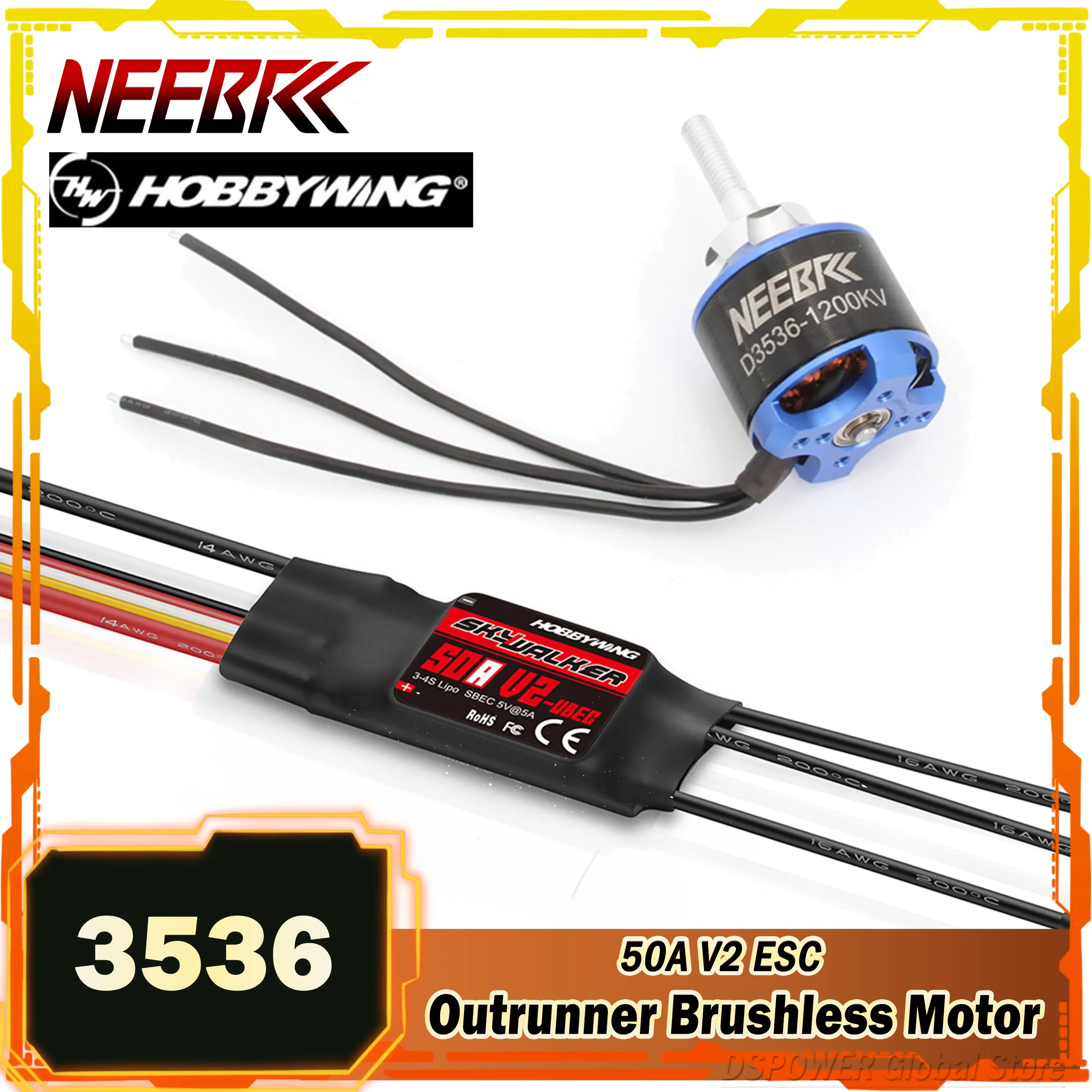 

NEEBRC 3536 1200KV RC FPV Brushless Motor 2-4S with 50A ESC Speed Controller for Fixed Wing Airplane Skysurfer Glider Spare Part