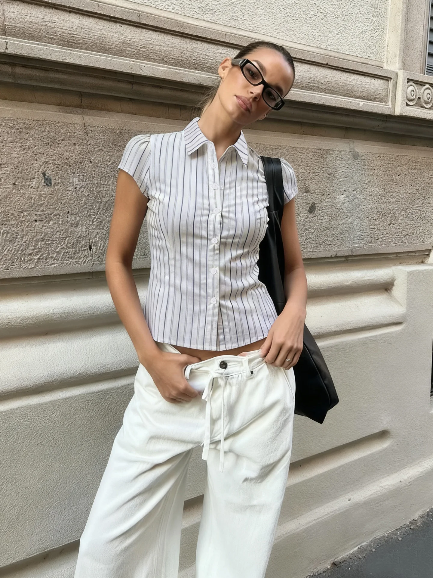 

WEEKEEP Street Style Short Sleeve Slim Fit Shirt Women's Casual Waist Cinched Turn-down Collar Striped Button-up Top