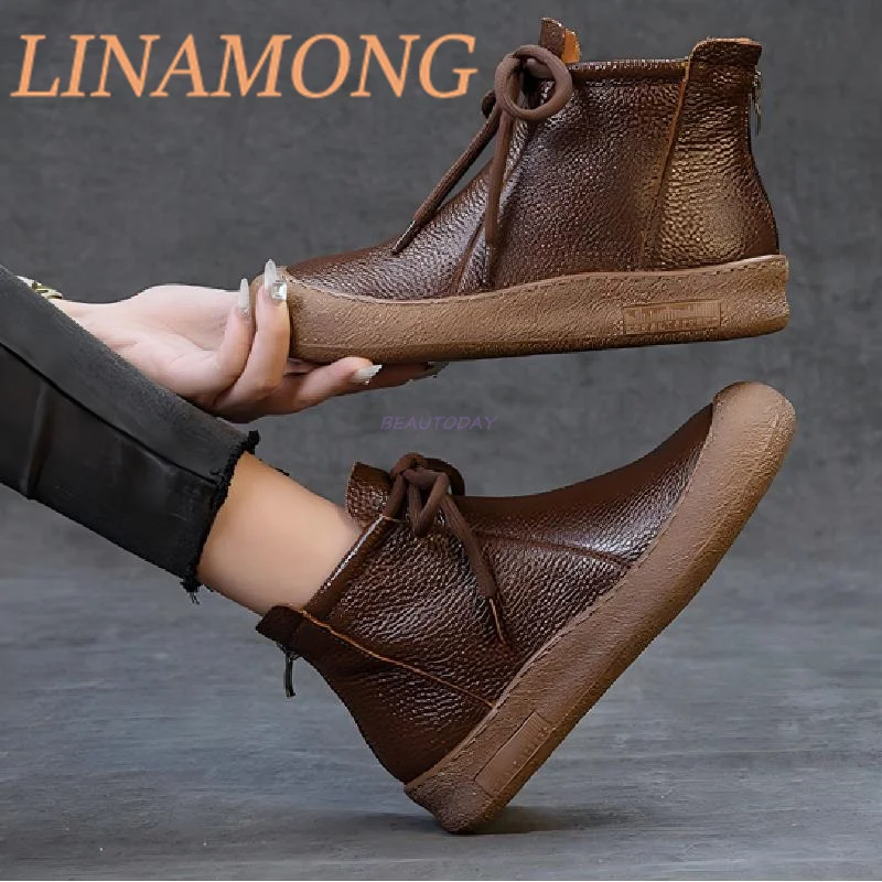 

Flat Bottomed Round Toe High Top Shoes Simple Back Zipper and Lace Up Design Color Blocked Short Tube Warm Cotton Leather Shoes