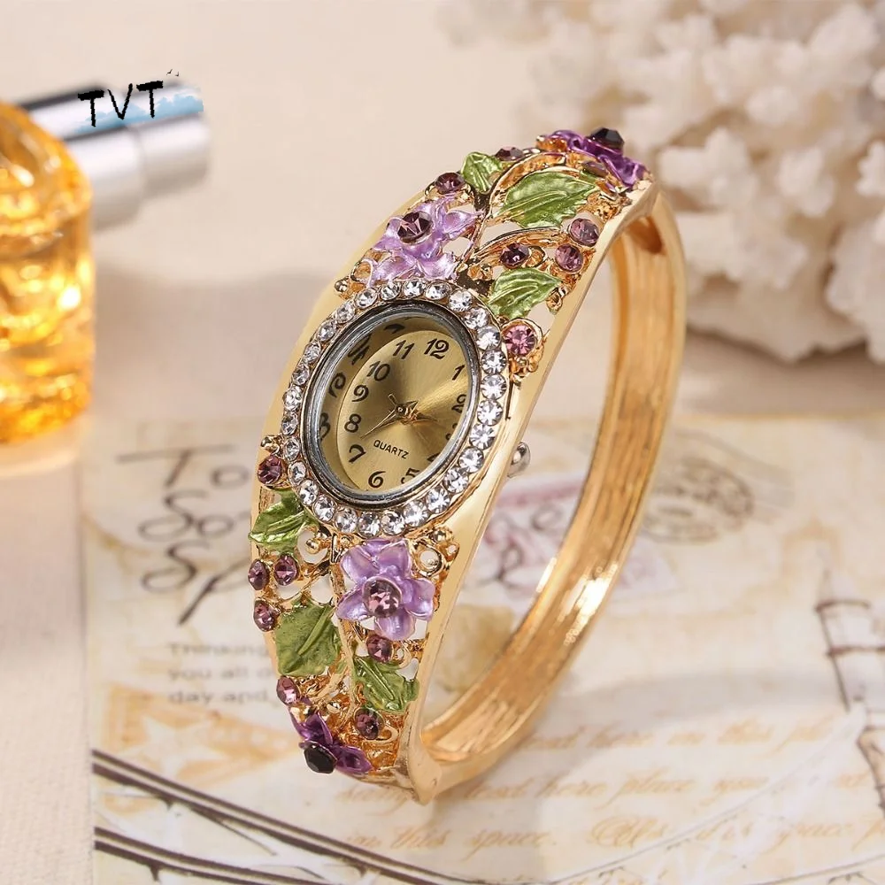 

Rich In Flowers Vintage Watch Round Dial Rhinestone Bracelet Ladies Wristwatch Versatile Design Crystal Jewelry Quartz Watch