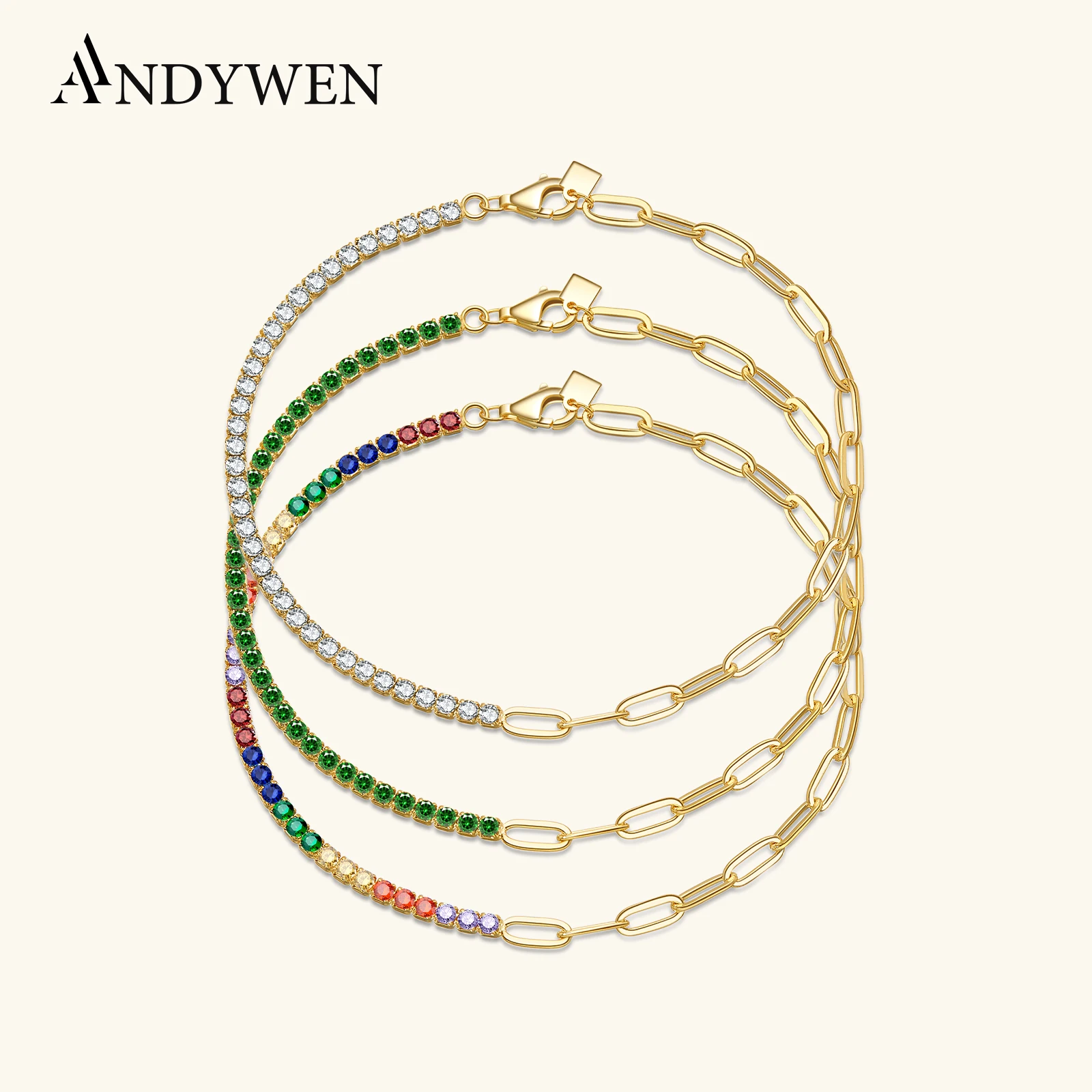 

ANDYWEN стерлингового серебра 925 пробы, большой 2 мм, прозрачная теннисная скрепка, браслет-цепочка, роскошные драгоценности для женщин, оптовая цена, дропшиппинг